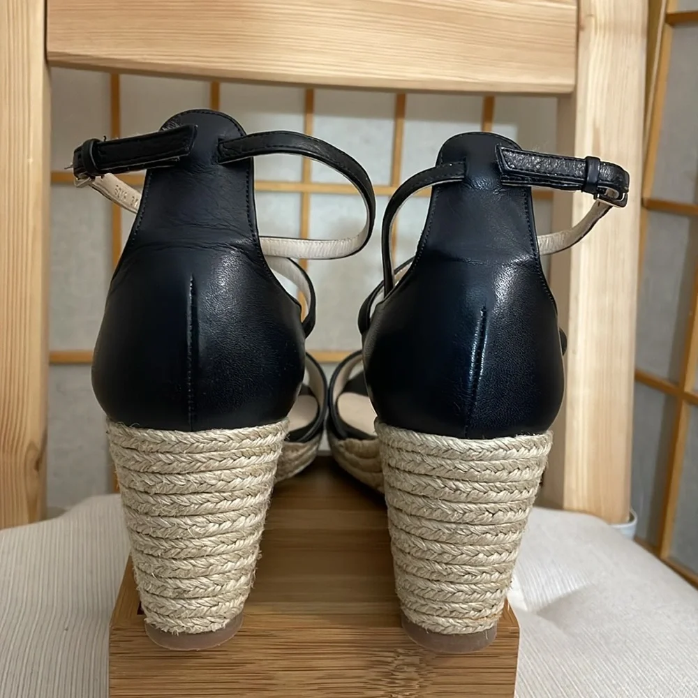 L.K. Bennett Black Leather Nellie Peep Toe Espadrille Wedge Heel EU 37.5 /US 7 - Picture 8 of 16